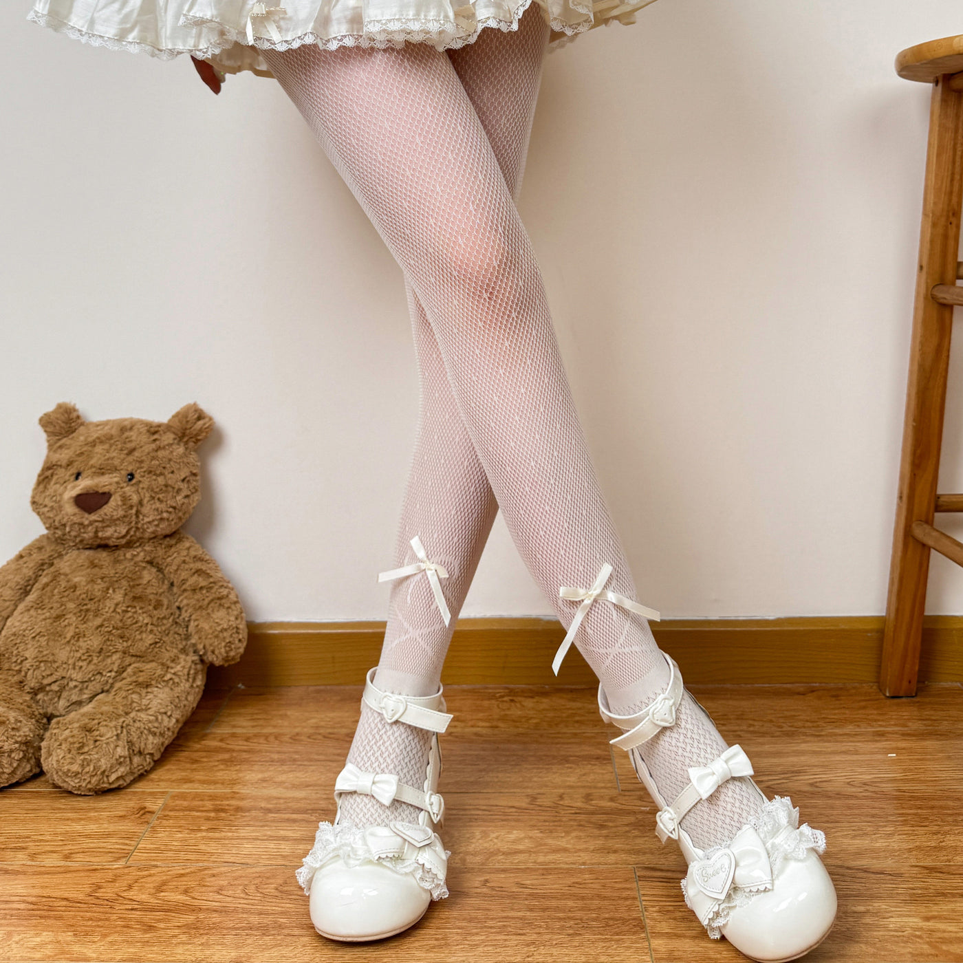 Lolita tights with polka dot double bow pattern