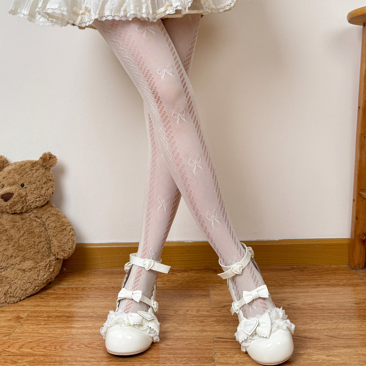 Chubby Bear Tales - Lace Bow Tights - Lightweight sheer lace Lolita tights