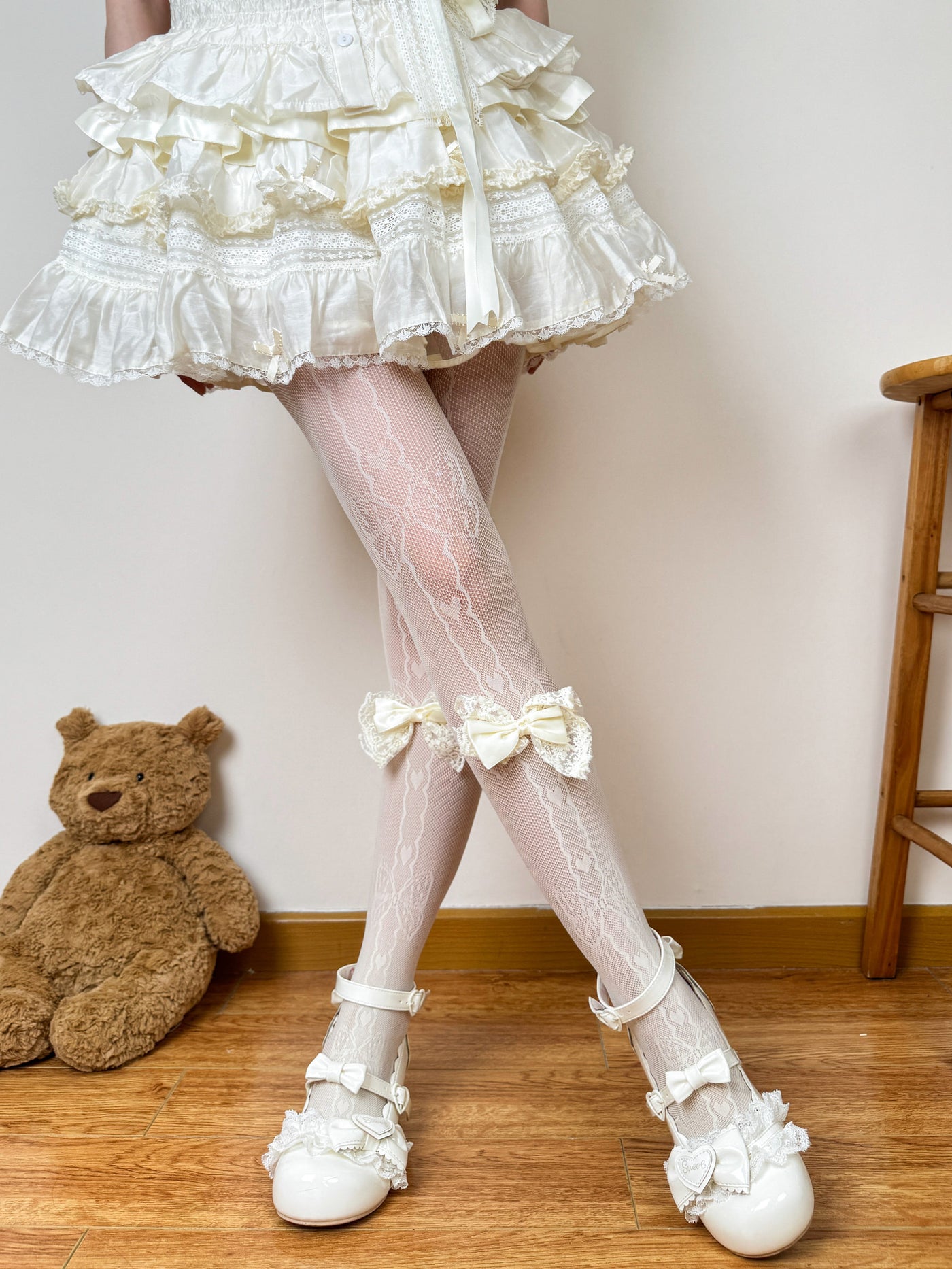 Chubby Bear Tales - Lace Bow Tights - Lightweight sheer lace Lolita tights