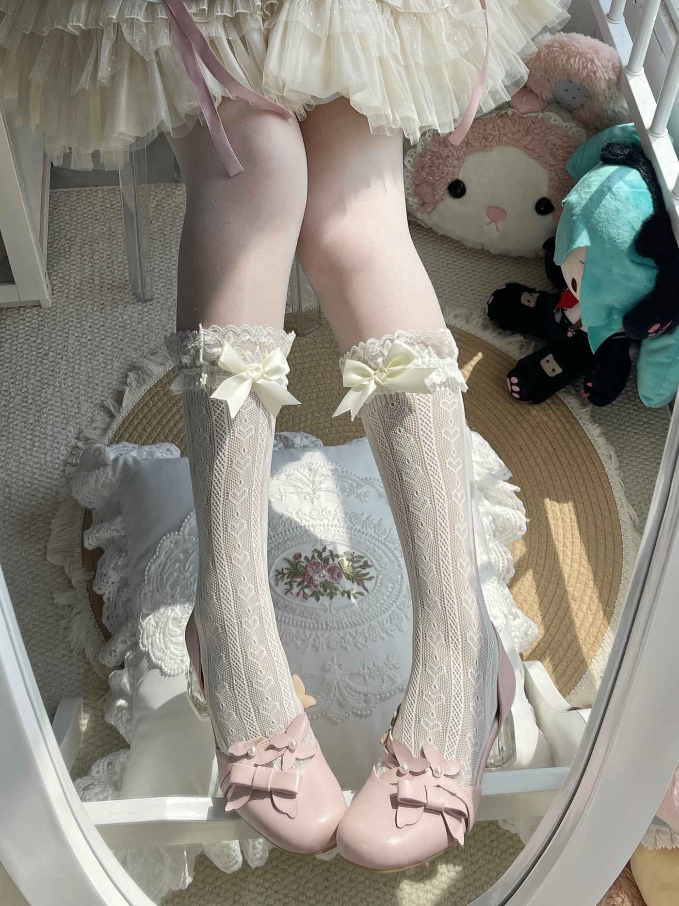 Milk white Lolita calf sock with blue satin bow and scalloped lace trim