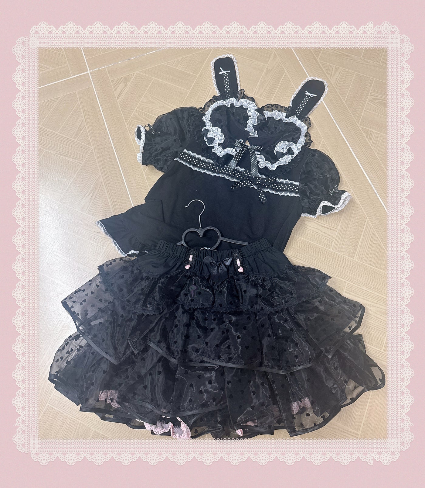 Garrot Bunny - Heart-Flocked Organza - Two-Piece Skort Set with Tiered Ruffles