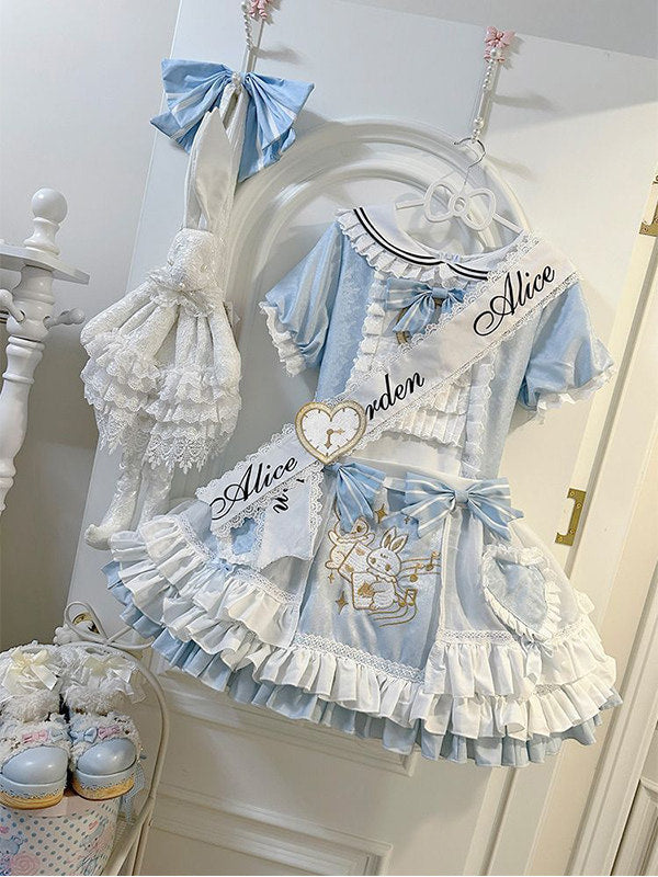 Creamy - Blue Rabbit - Blue-and-White Rabbit Embroidered OP Dress