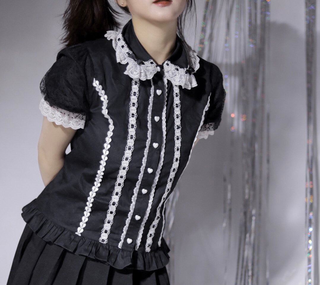 Garrot Bunny - Stand Collar Short-Sleeve - Cotton Inner Blouse with Lace Trim