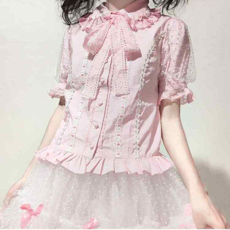 Garrot Bunny - Stand Collar Short-Sleeve - Cotton Inner Blouse with Lace Trim