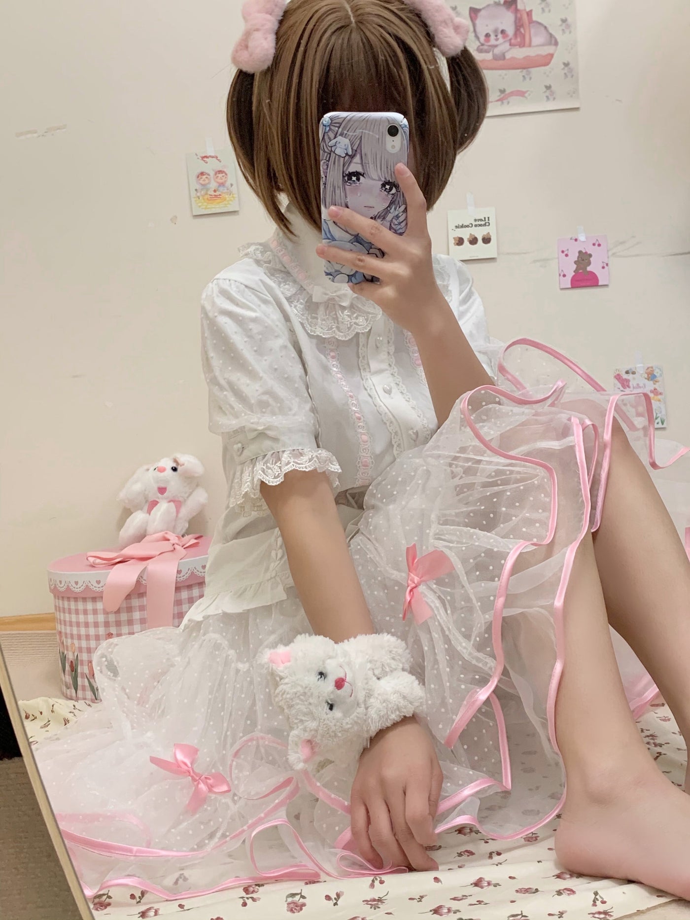Garrot Bunny - Stand Collar Short-Sleeve - Cotton Inner Blouse with Lace Trim