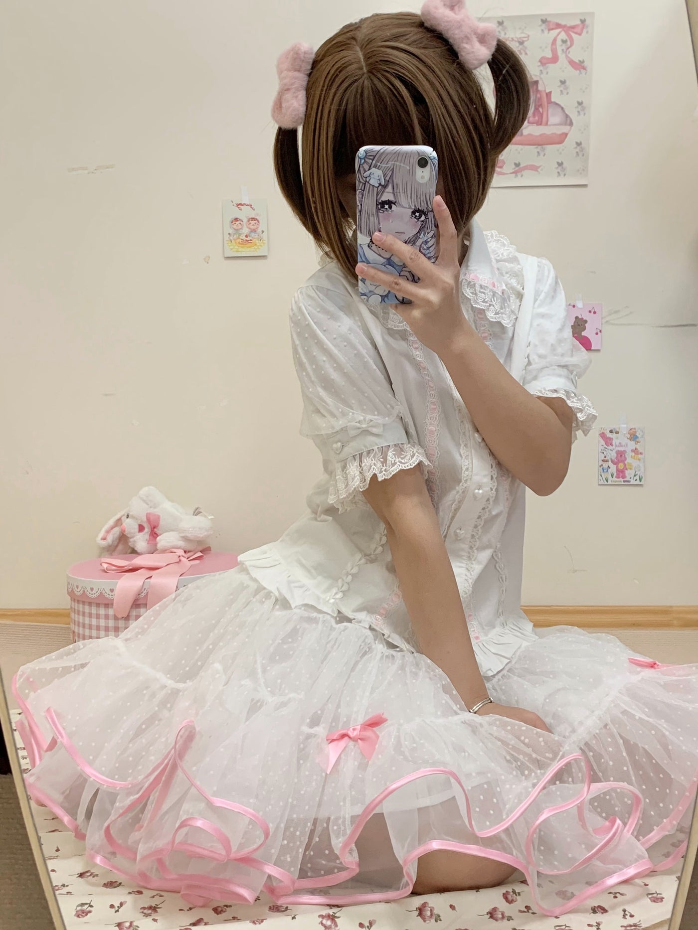 Garrot Bunny - Stand Collar Short-Sleeve - Cotton Inner Blouse with Lace Trim