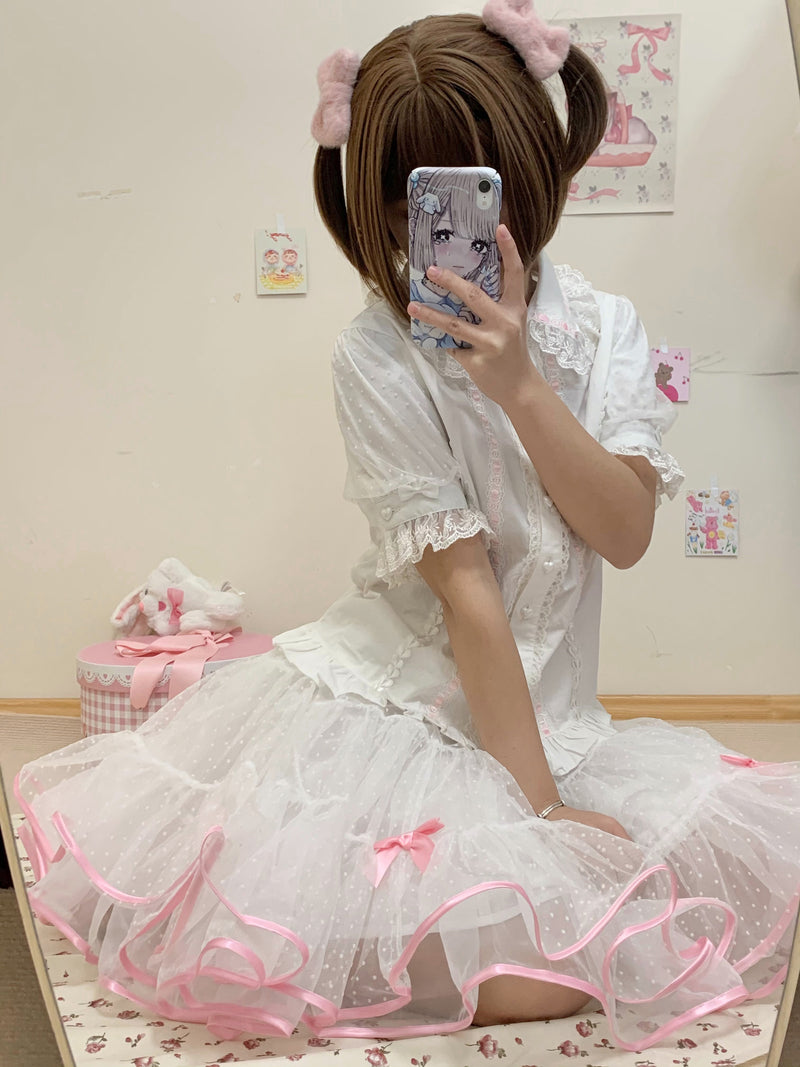 Garrot Bunny - Stand Collar Short-Sleeve - Cotton Inner Blouse with Lace Trim