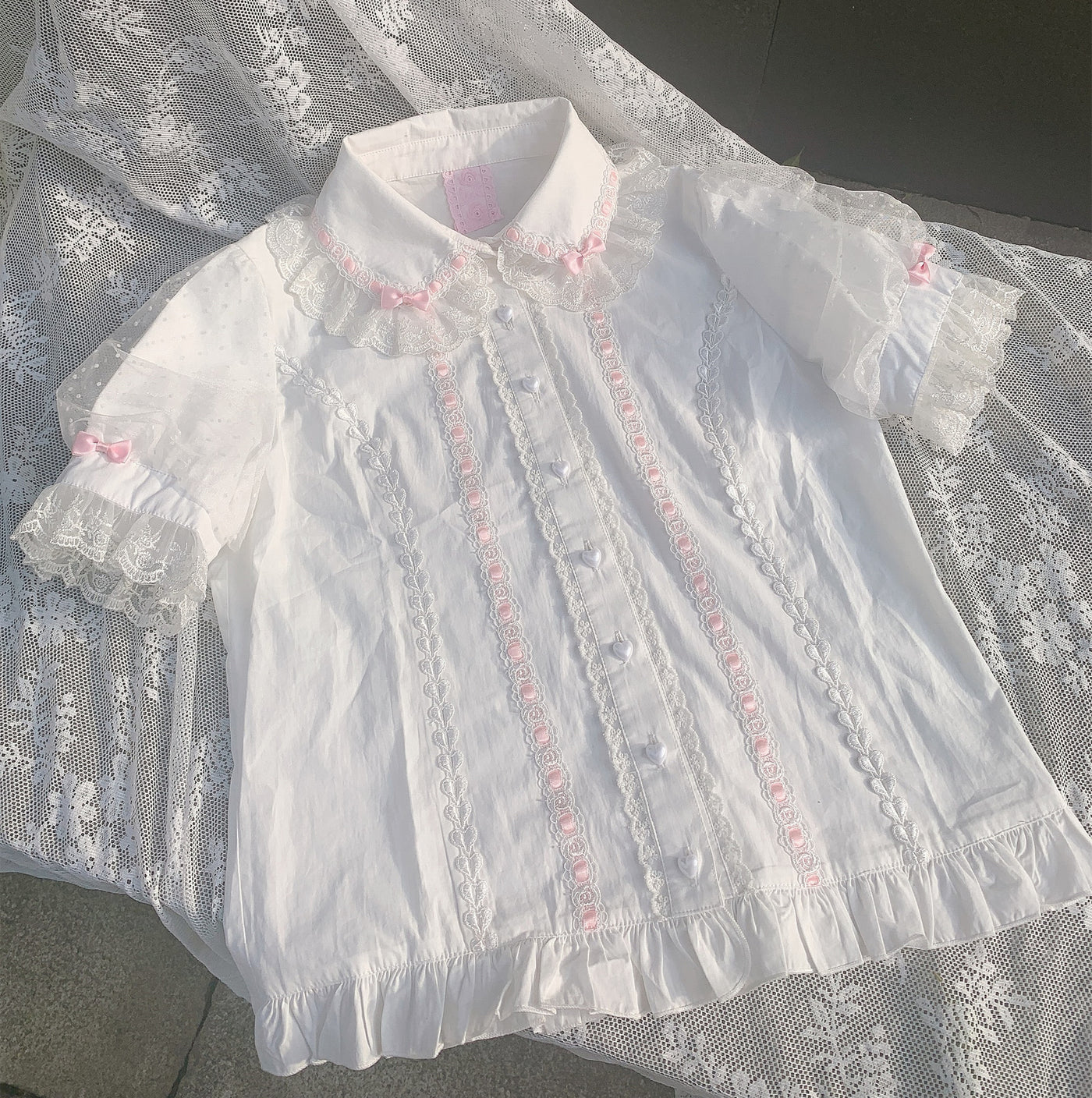 Garrot Bunny - Stand Collar Short-Sleeve - Cotton Inner Blouse with Lace Trim