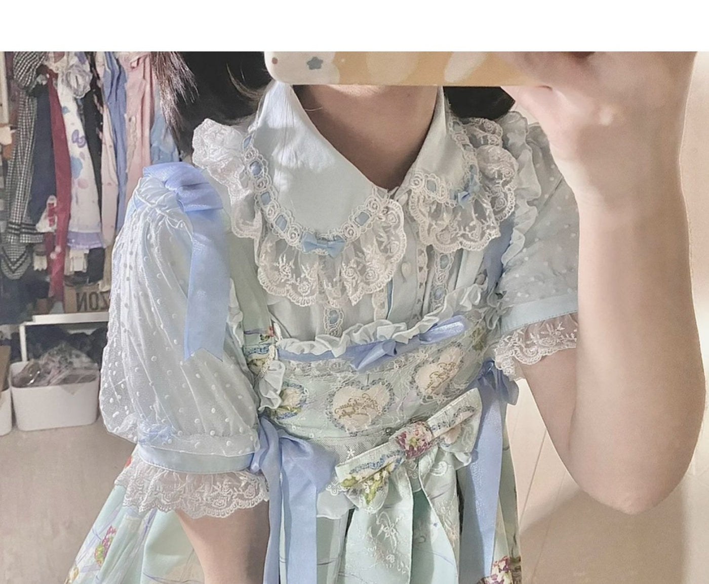Garrot Bunny - Stand Collar Short-Sleeve - Cotton Inner Blouse with Lace Trim