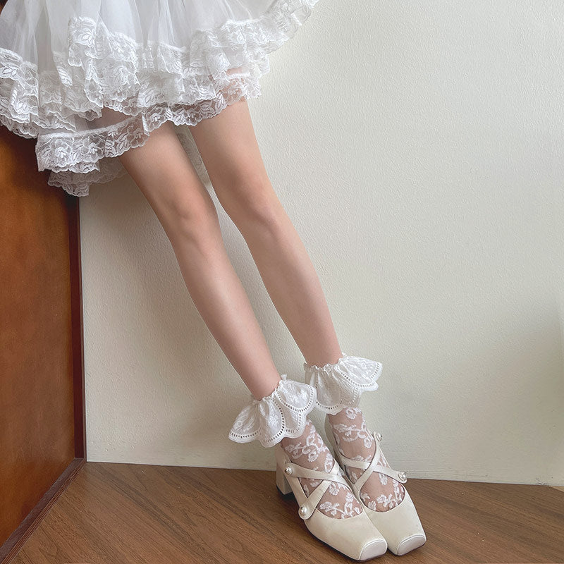 Sock Noble - Floral Lace Ruffle - Mid-Calf Socks with Floral Lace Cuffs