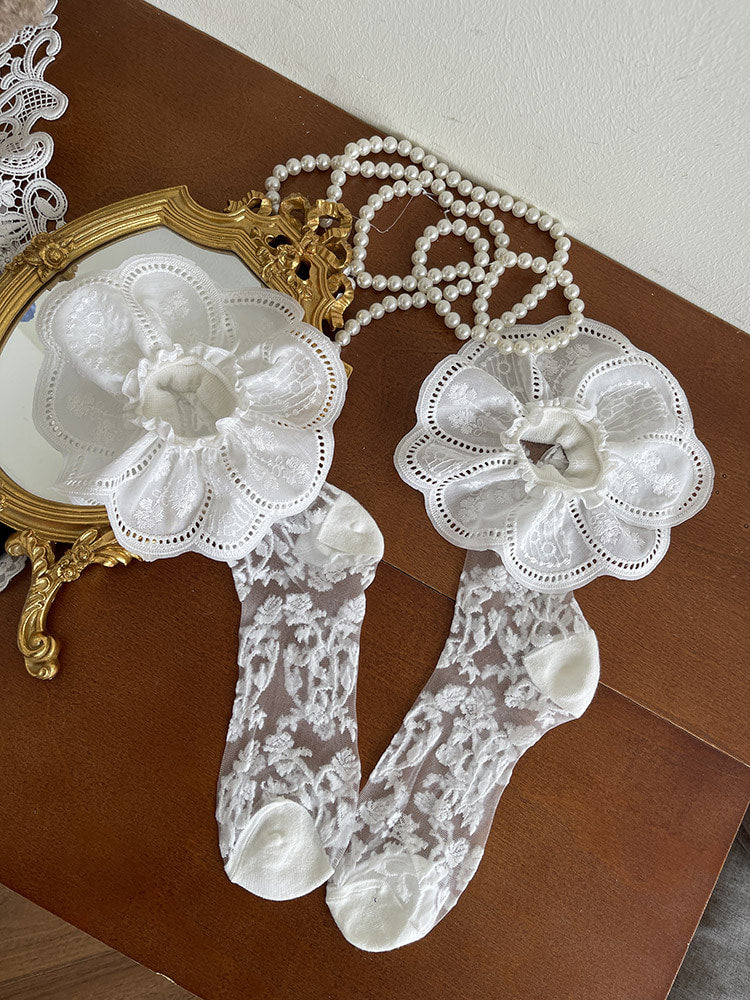 Sock Noble - Floral Lace Ruffle - Mid-Calf Socks with Floral Lace Cuffs