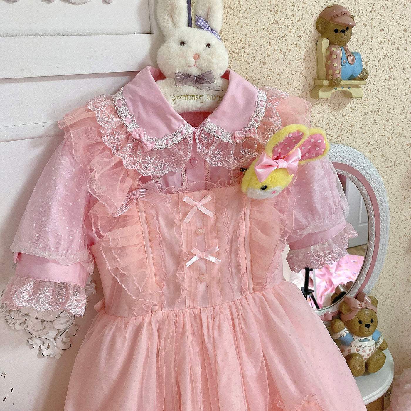 Garrot Bunny - Stand Collar Short-Sleeve - Cotton Inner Blouse with Lace Trim