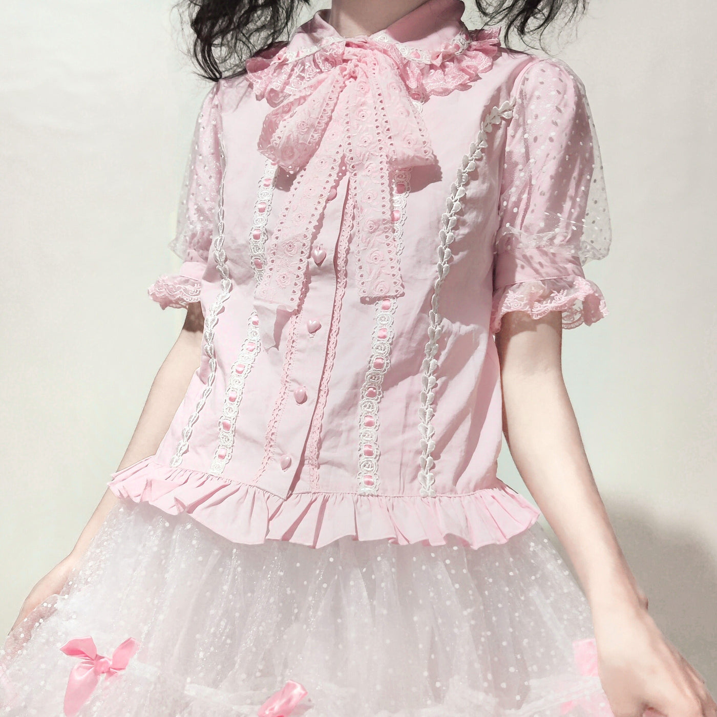 Garrot Bunny - Stand Collar Short-Sleeve - Cotton Inner Blouse with Lace Trim
