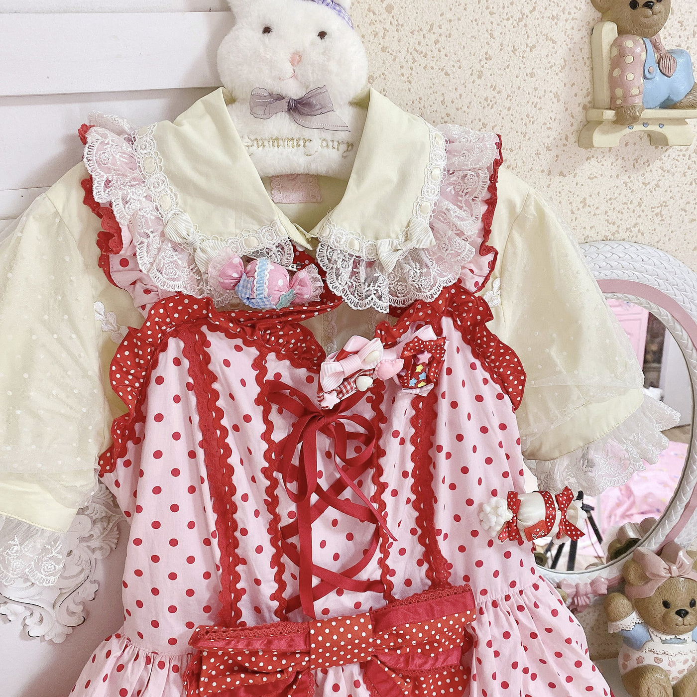 Garrot Bunny - Stand Collar Short-Sleeve - Cotton Inner Blouse with Lace Trim