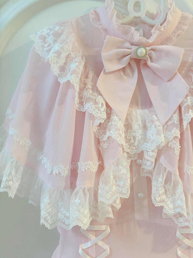 Creamy - Pink Lace Capelet - OP Dress with Layered Lace Hem