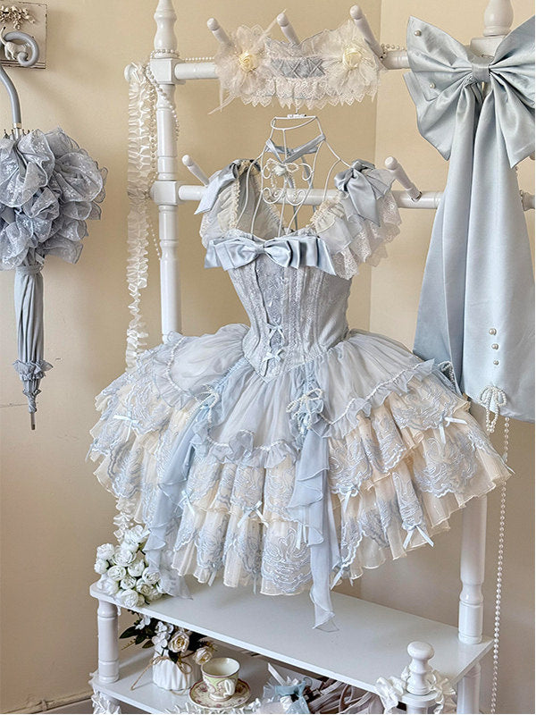 Creamy - Swan Ballet - Blue JSK Dress Set with Embroidered Lace and Chest Bow