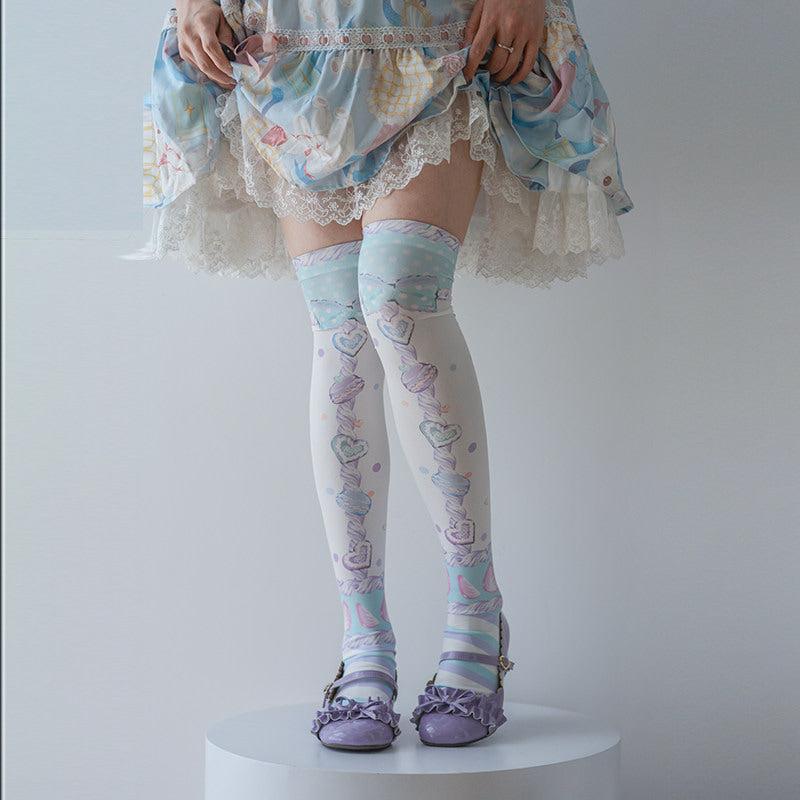 roji roji - Macaron Print - Over-the-Knee Socks with a Macaron Print