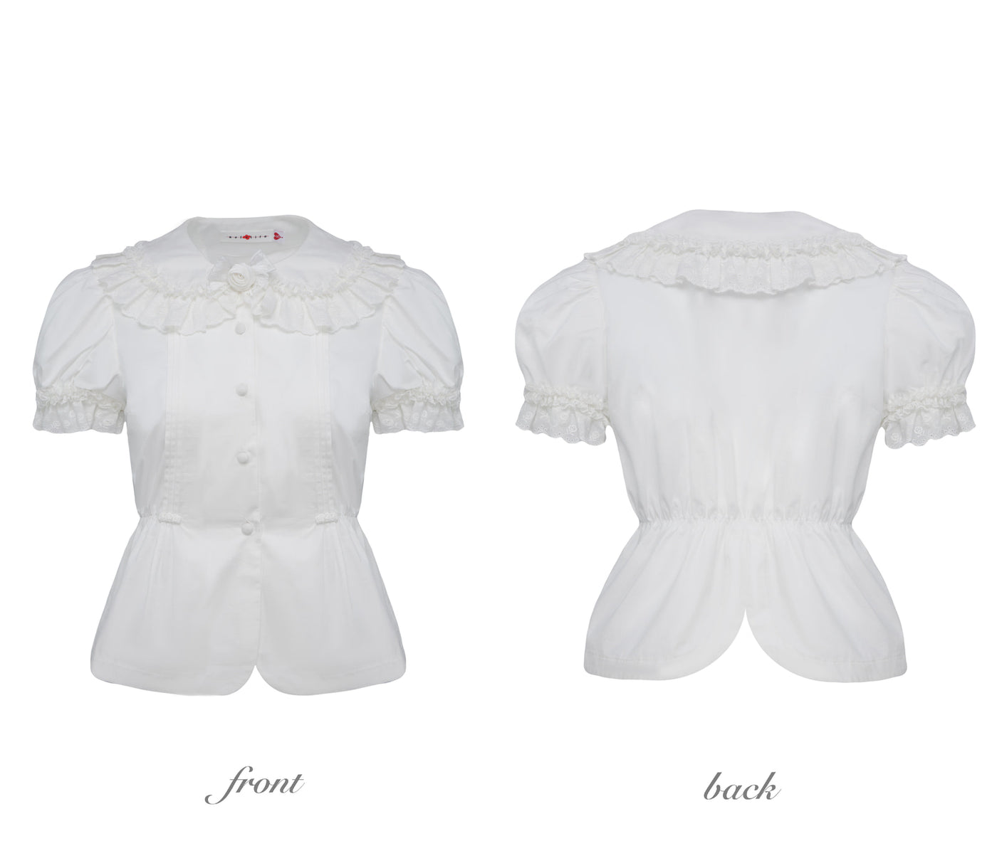 White doll-collar blouse shown front and back on a plain background.