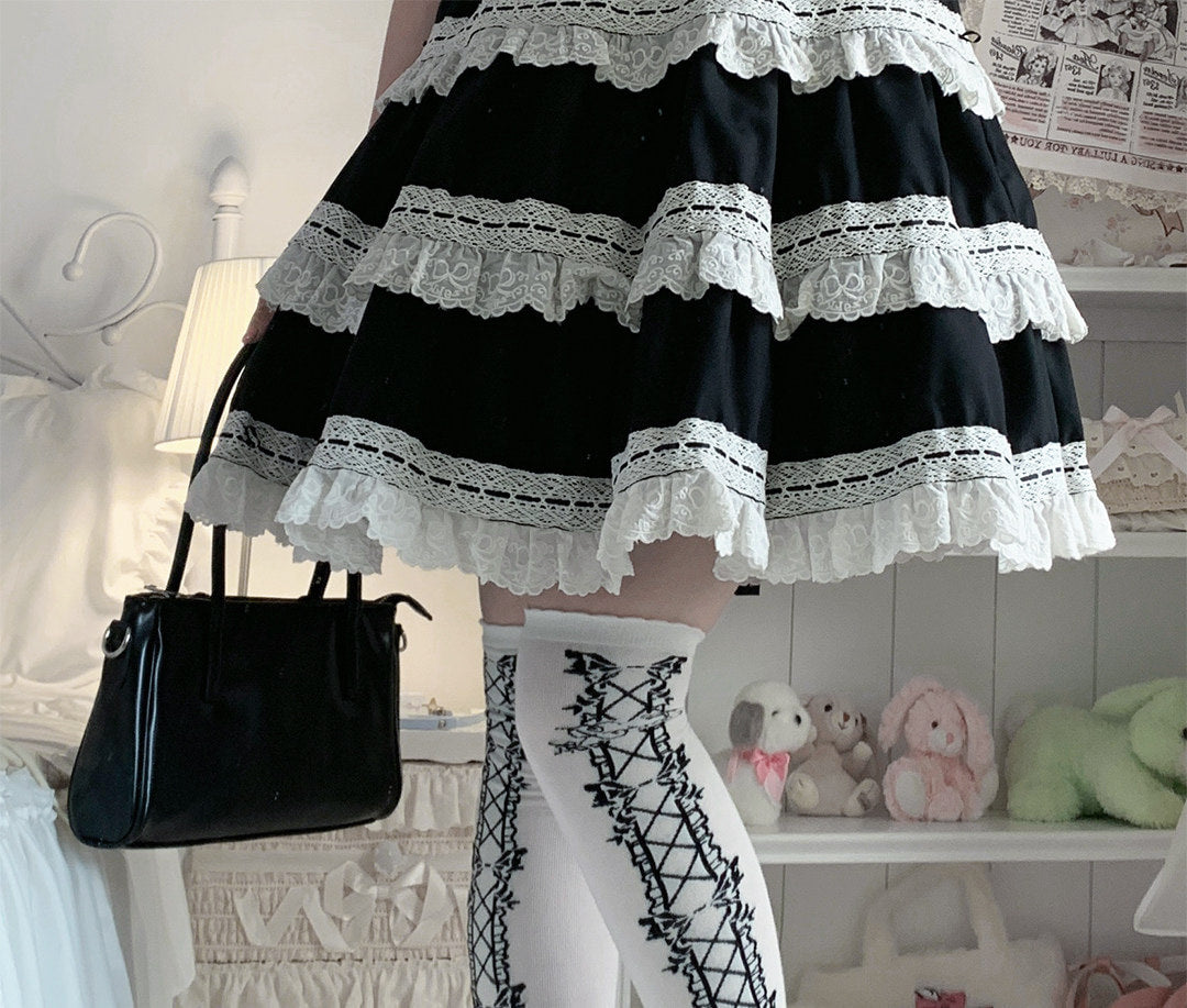 roji roji - Vintage Bow - Cotton Mid-Calf Socks with Lace-Up Bows