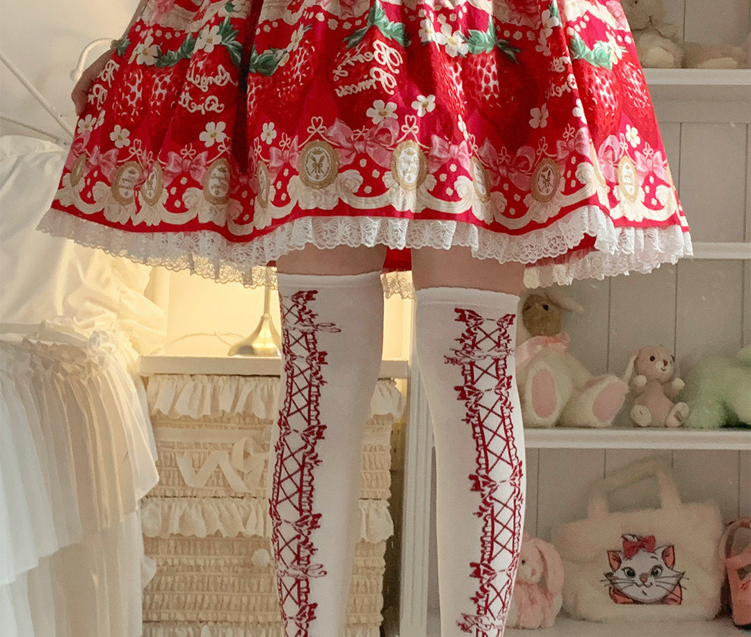 roji roji - Vintage Bow - Cotton Mid-Calf Socks with Lace-Up Bows