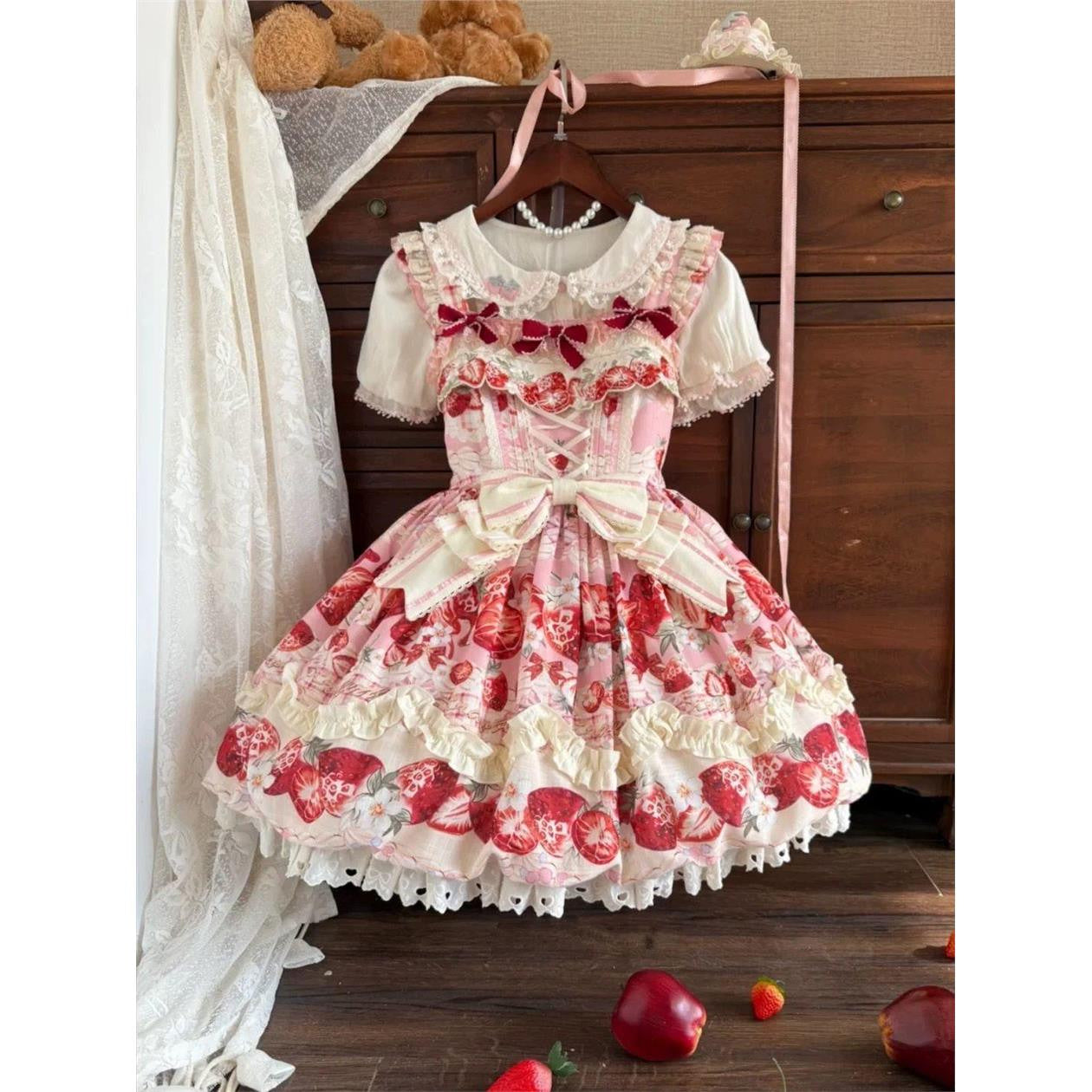 Sweetheart Dream Machine - Strawberry Fantasy Melody - Pink strawberry-print JSK dress with a large waist bow