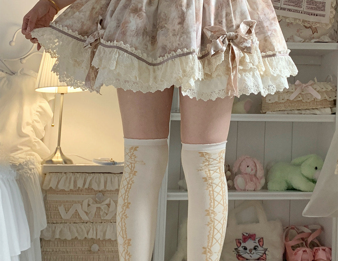 roji roji - Vintage Bow - Cotton Mid-Calf Socks with Lace-Up Bows