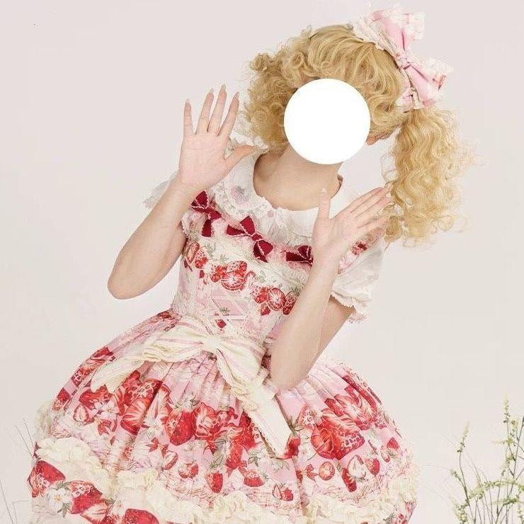 Sweetheart Dream Machine - Strawberry Fantasy Melody - Pink strawberry-print JSK dress with a large waist bow
