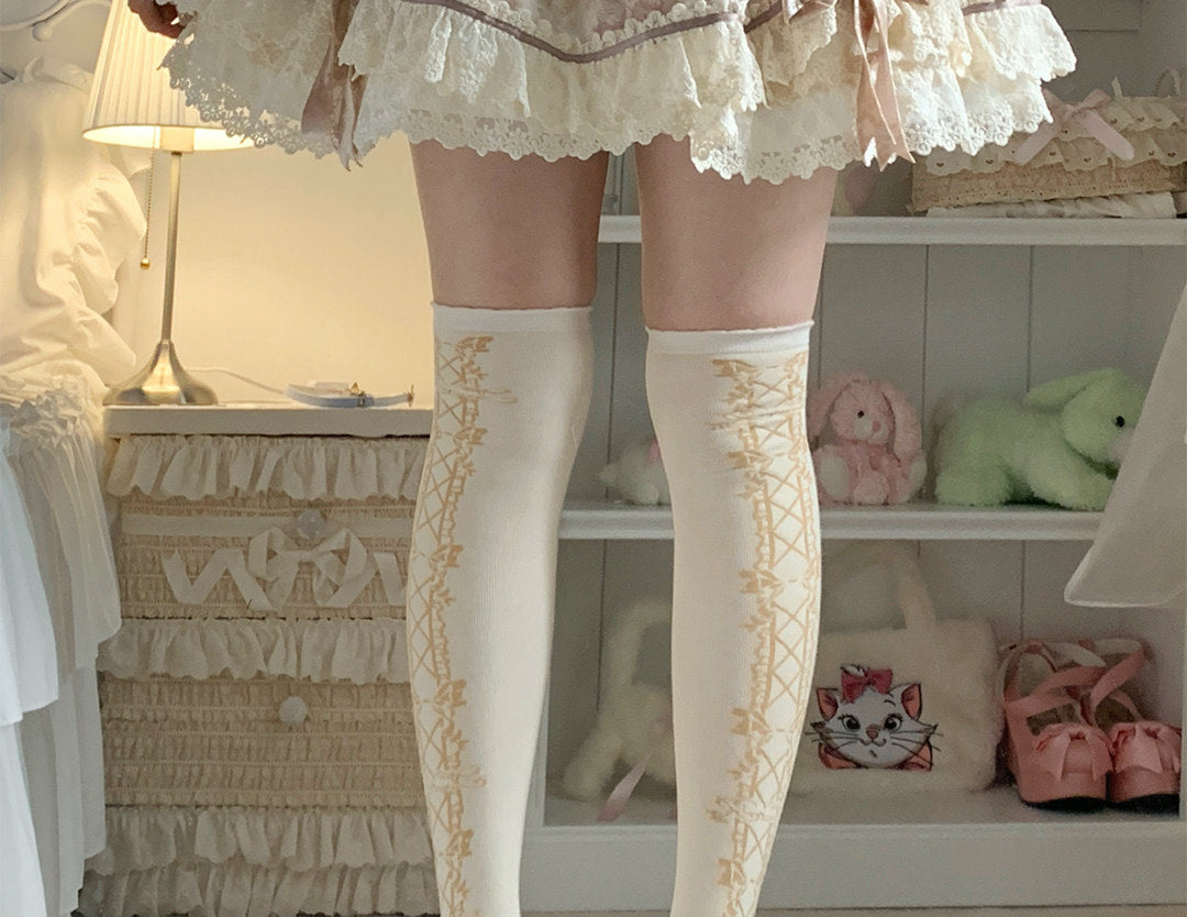 roji roji - Vintage Bow - Cotton Mid-Calf Socks with Lace-Up Bows