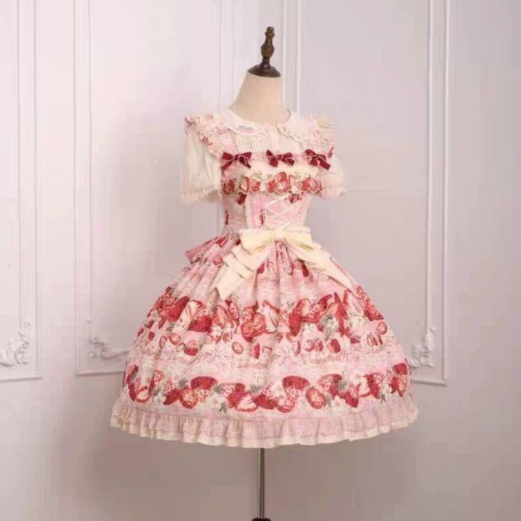 Sweetheart Dream Machine - Strawberry Fantasy Melody - Pink strawberry-print JSK dress with a large waist bow