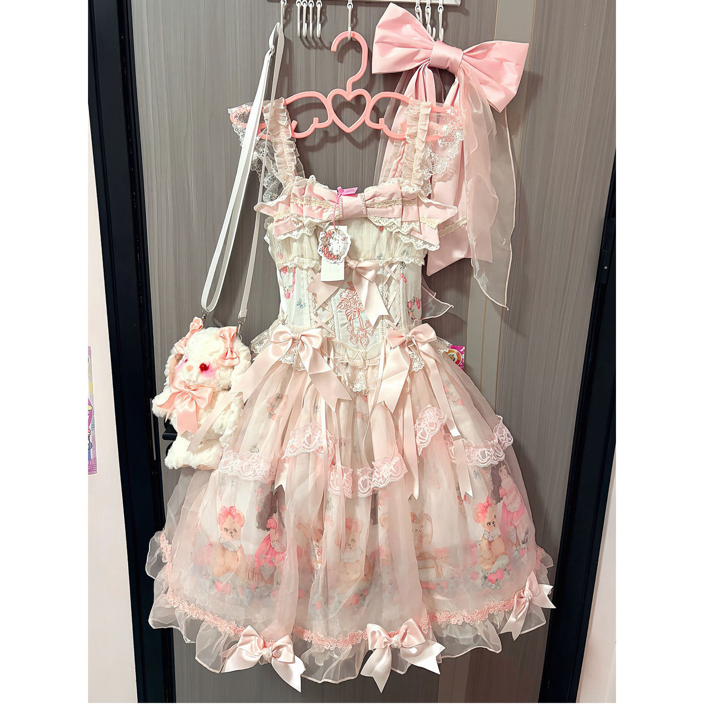 Creamy - Strawberry Trouble - Pink and Cream SP Dress with Train and Bear Motif