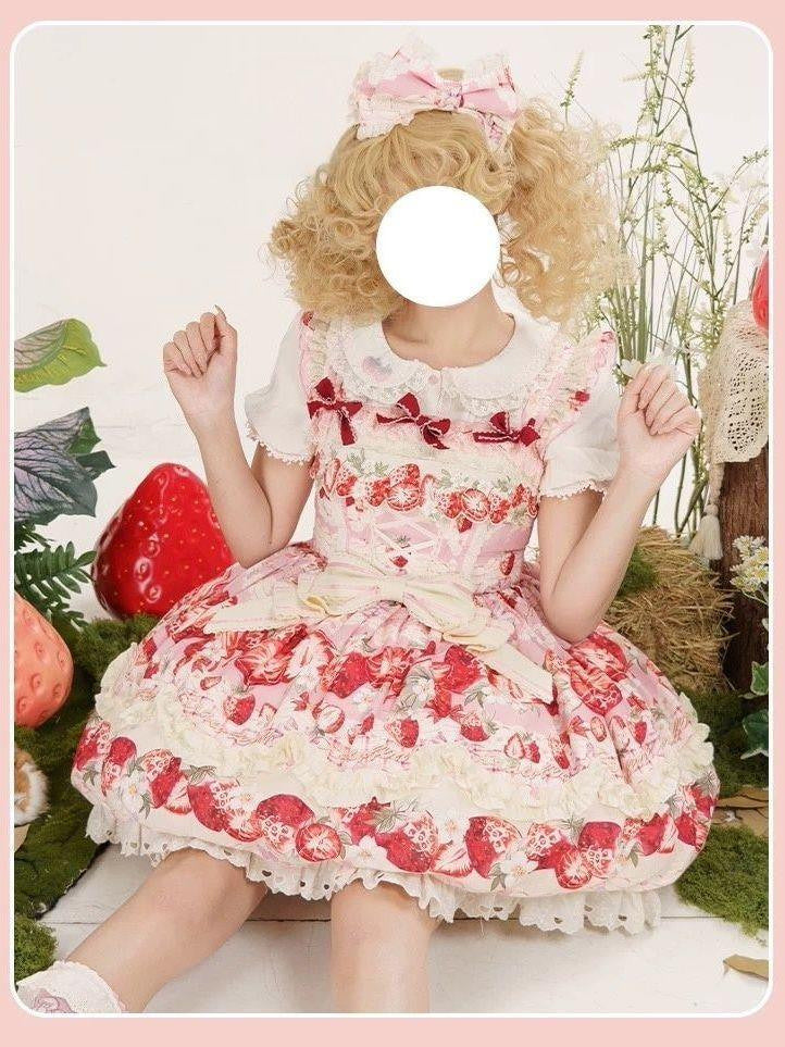 Sweetheart Dream Machine - Strawberry Fantasy Melody - Pink strawberry-print JSK dress with a large waist bow