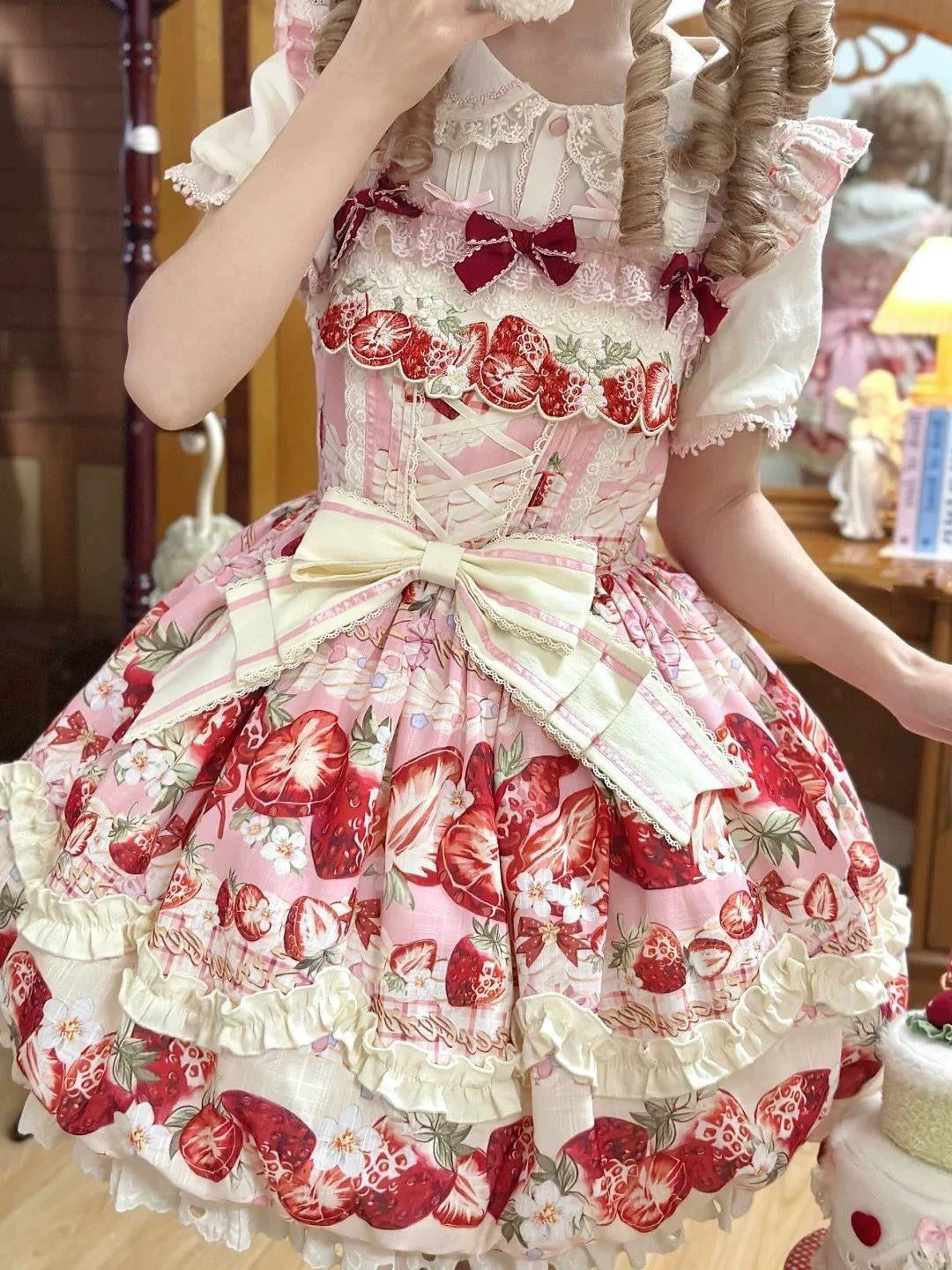 Sweetheart Dream Machine - Strawberry Fantasy Melody - Pink strawberry-print JSK dress with a large waist bow