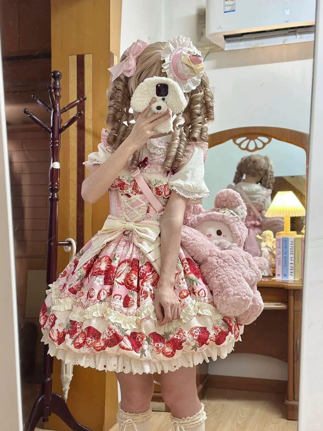 Sweetheart Dream Machine - Strawberry Fantasy Melody - Pink strawberry-print JSK dress with a large waist bow