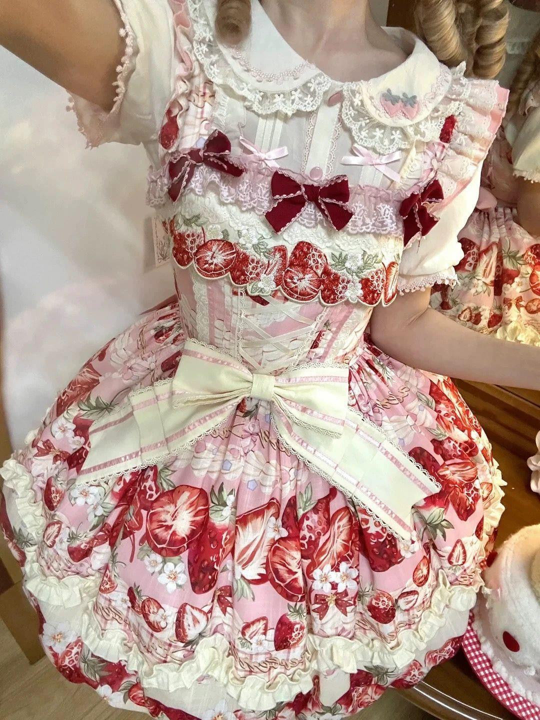 Sweetheart Dream Machine - Strawberry Fantasy Melody - Pink strawberry-print JSK dress with a large waist bow