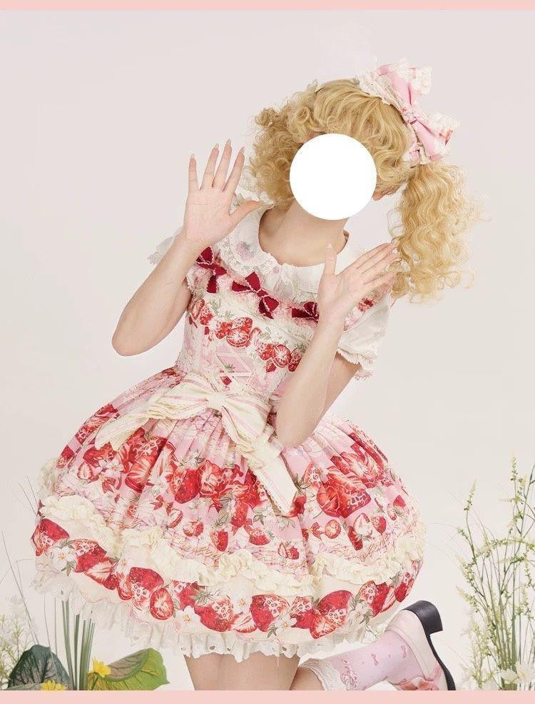 Sweetheart Dream Machine - Strawberry Fantasy Melody - Pink strawberry-print JSK dress with a large waist bow