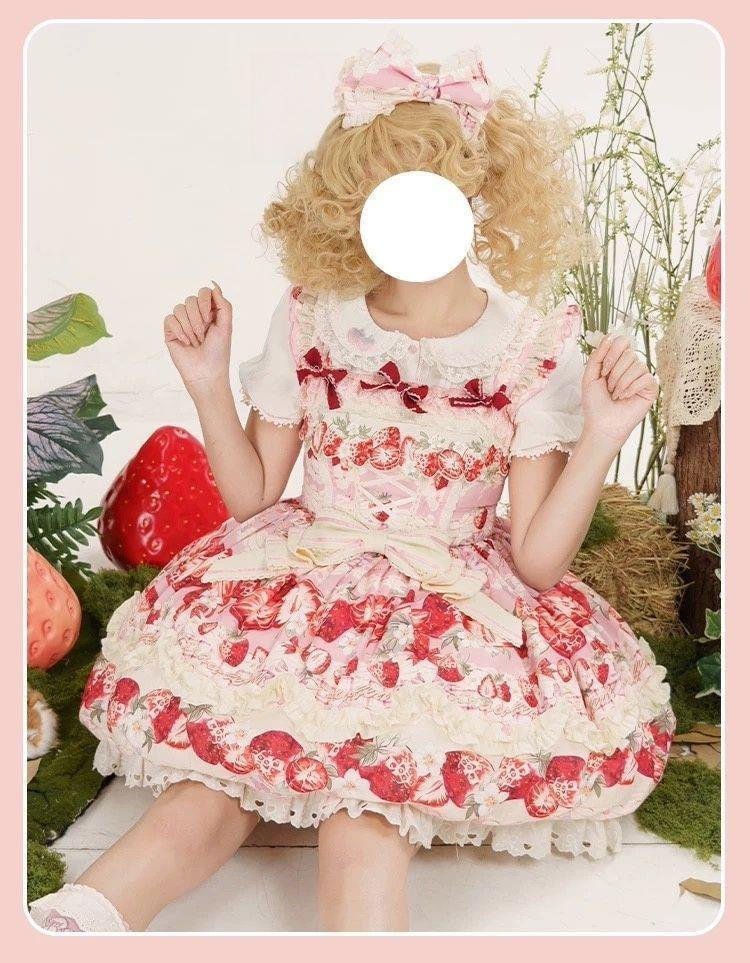 Sweetheart Dream Machine - Strawberry Fantasy Melody - Pink strawberry-print JSK dress with a large waist bow
