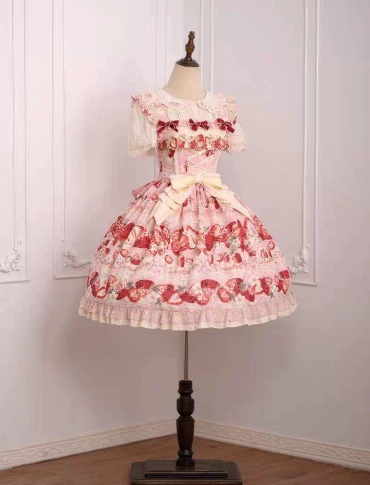 Sweetheart Dream Machine - Strawberry Fantasy Melody - Pink strawberry-print JSK dress with a large waist bow