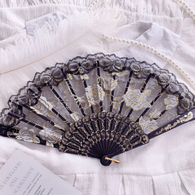 White Gothic Lolita folding fan with gold cross charm and lace edging