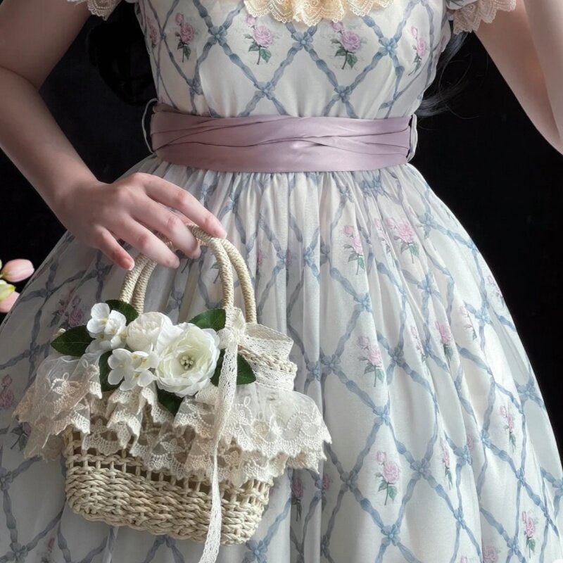 Her Vintage Society - Lace Flower - Paper Straw Handbag with Lace and Flowers