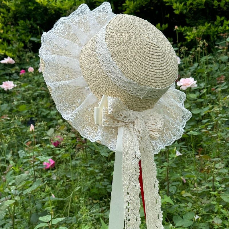Meidou Handmade Workshop - Ribbon Rose - Flat-Top Straw Hat with Lace Trim