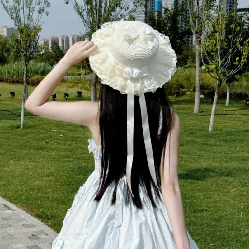 Meidou Handmade Workshop - Ribbon Rose - Flat-Top Straw Hat with Lace Trim
