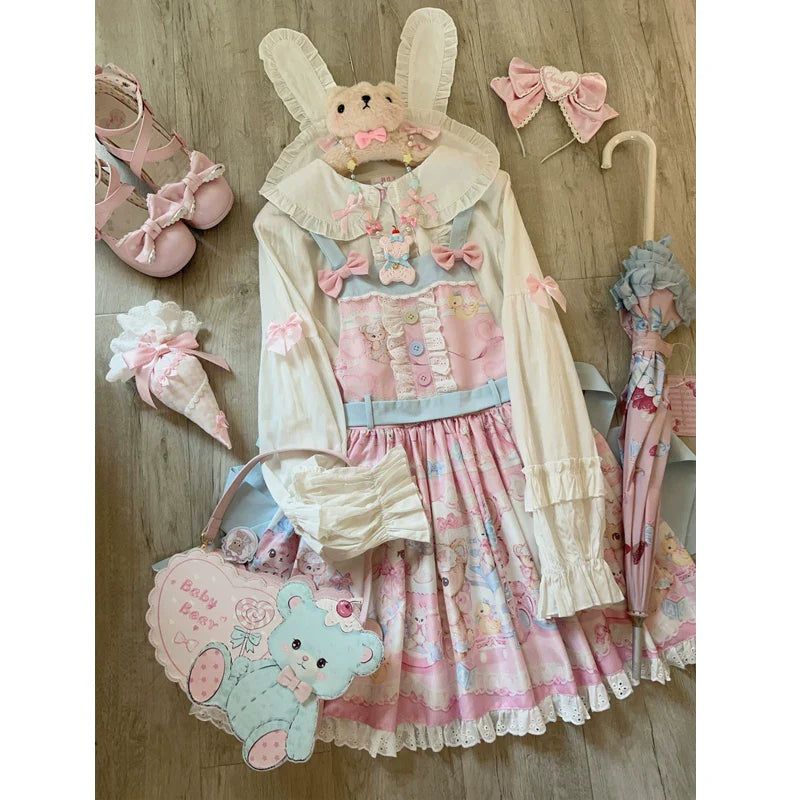 Hanguliang - Sweet Little Bear - JSK Dress with Bear Print and Lace Trim