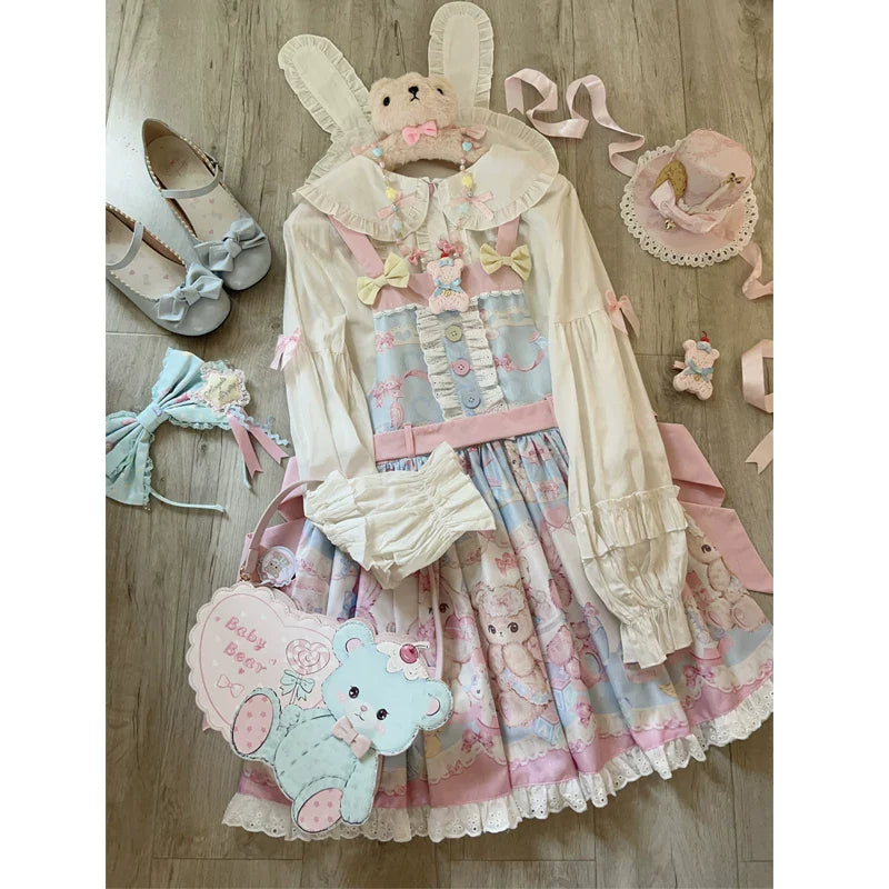 Hanguliang - Sweet Little Bear - JSK Dress with Bear Print and Lace Trim