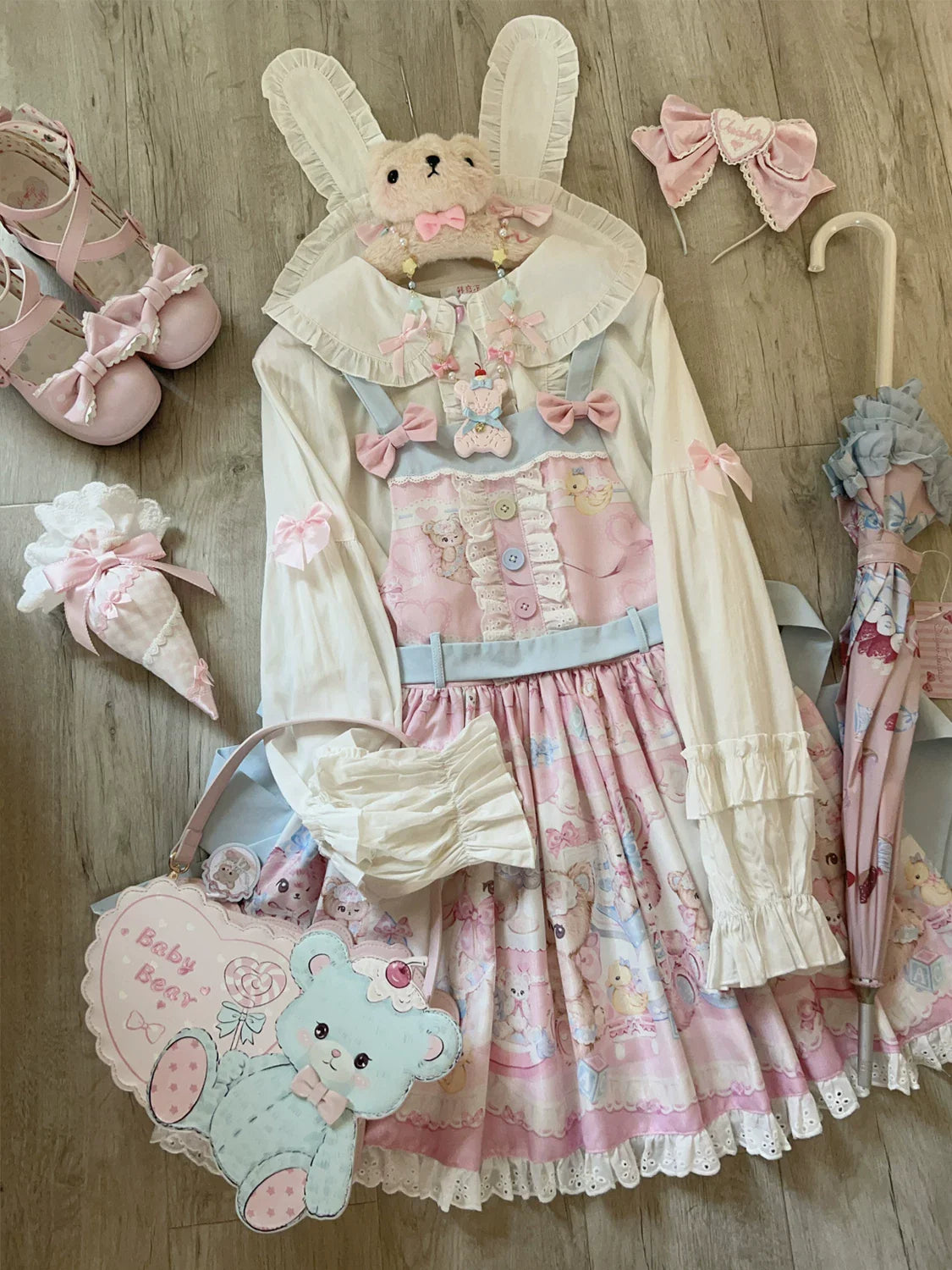 Hanguliang - Sweet Little Bear - JSK Dress with Bear Print and Lace Trim