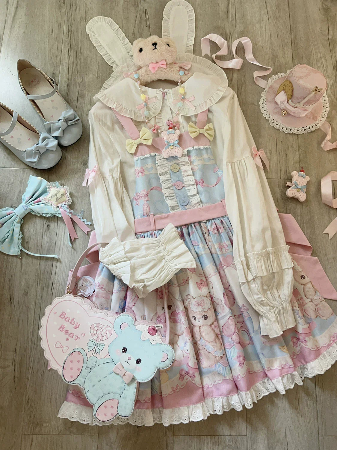Hanguliang - Sweet Little Bear - JSK Dress with Bear Print and Lace Trim