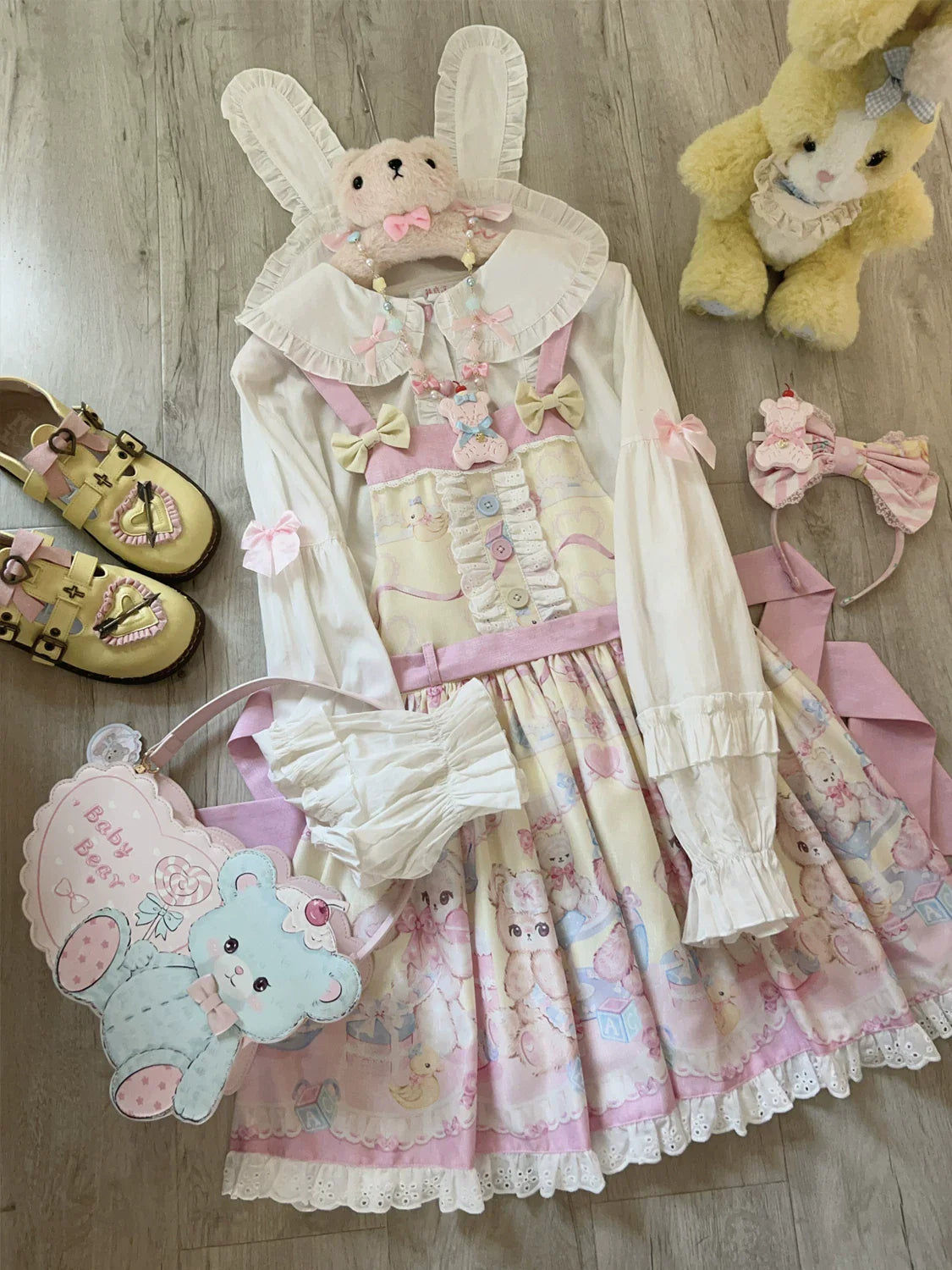 Hanguliang - Sweet Little Bear - JSK Dress with Bear Print and Lace Trim
