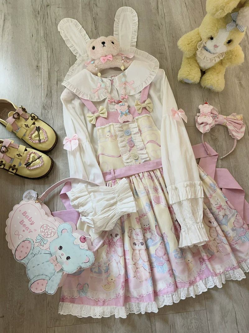 Hanguliang - Sweet Little Bear - JSK Dress with Bear Print and Lace Trim