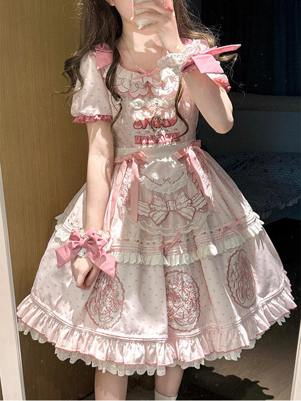 Creamy - Strawberry Embroidery - Pink OP Dress with Apron