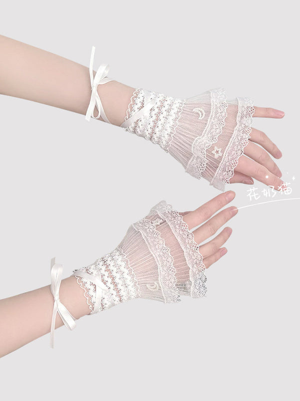 Floral Milk Cat - Star and Moon - Fingerless Lace Gloves & Wristcuffs with Ribbon Ties