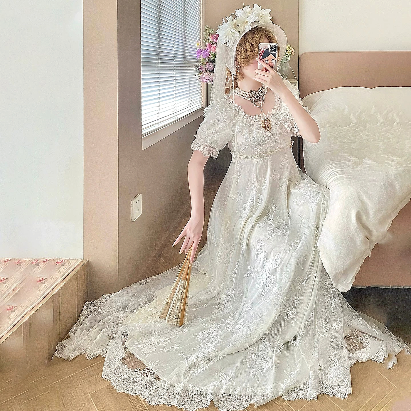 Moon Lily - Holy Heart Lily - Lace Trimmed Empire Waist Dress with a Train